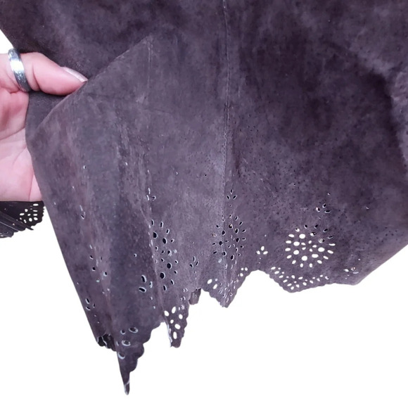 Dennis Basso Plus Size Leather Suede Laser Cut Faux Fur Collar Coat - Picture 4 of 7